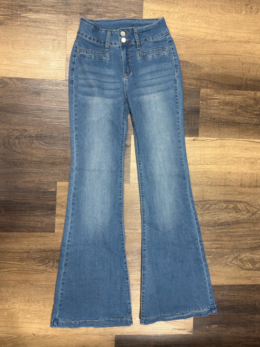 Cross Waist Flare Jeans Size 4 Tall Small Medium Wash Bell Bottom Denim